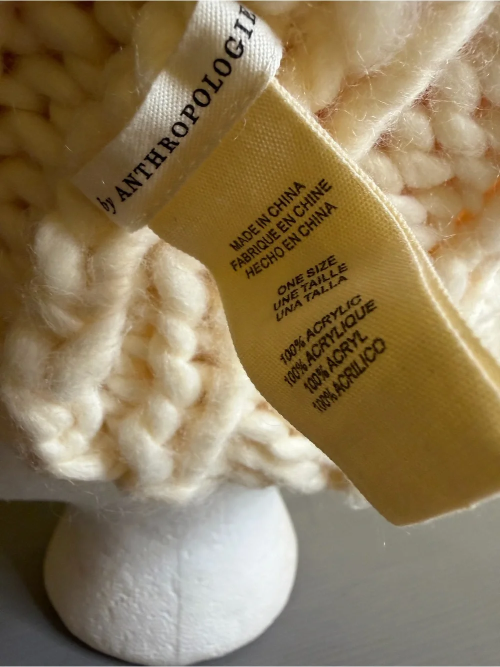 Anthropologie Cream Knit Beanie with Coral Pom, OS